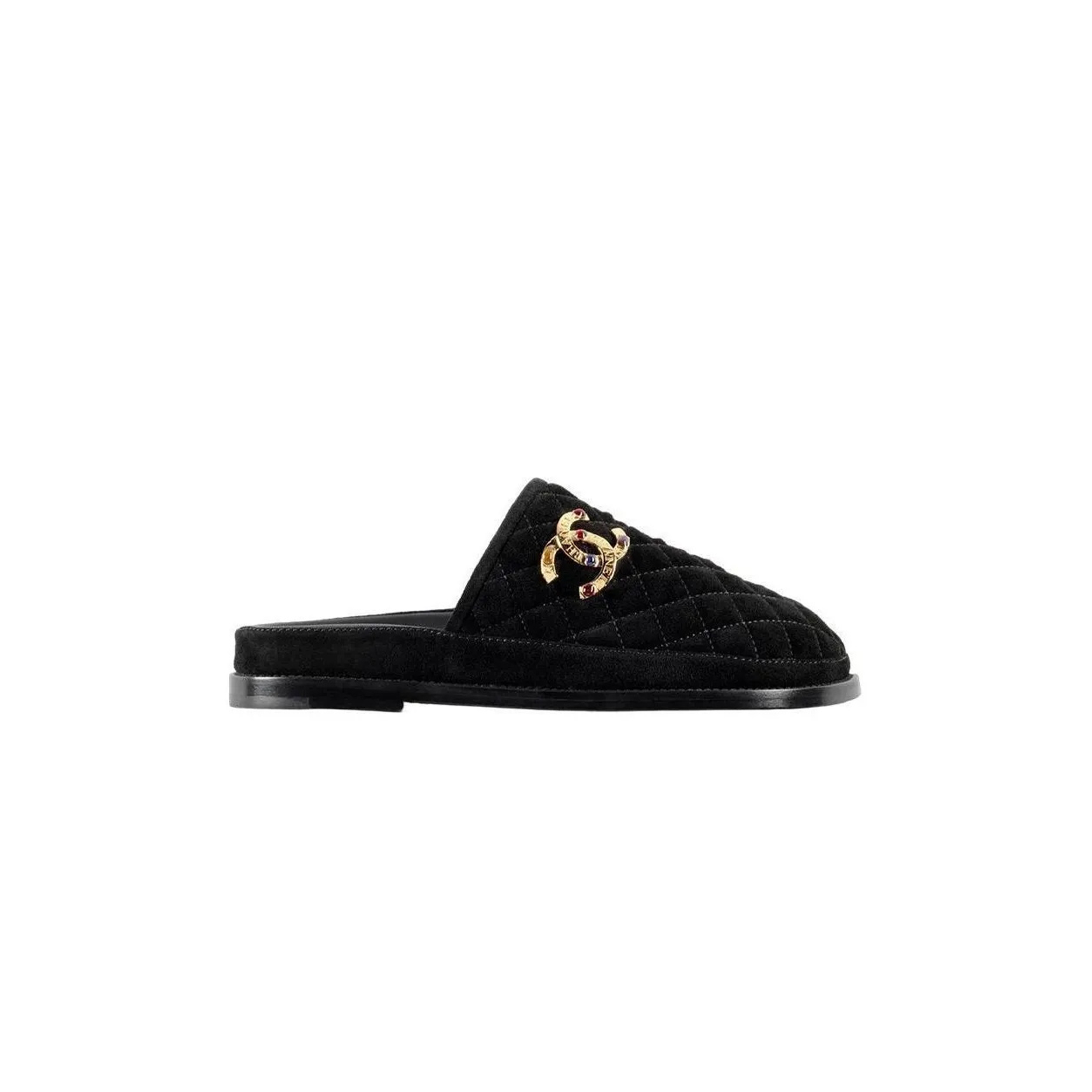 CHANEL MULES SUEDE CALFSKIN & METAL BLACK G38648 X56518 94305